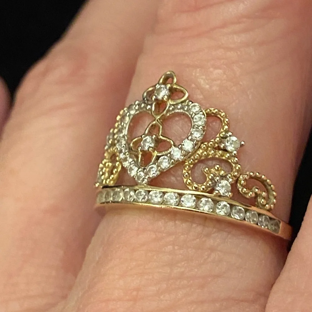 14K Gold Princess Crown RING Fifteen CZ Stones Delicate - Picture 7 of 9